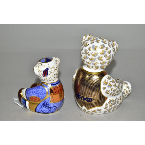 373 - TWO ROYAL CROWN DERBY TEDDY BEAR PAPERWEIGHTS, comprising Teddy Bear (Blue Bow Tie), height 12cm, in... 