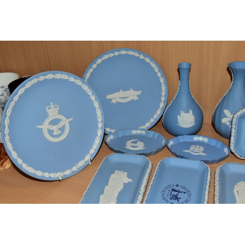 377 - A COLLECTION OF WEDGWOOD JASPER WARES, mainly pale blue, to include a bud vase and 16.5cm plate with... 