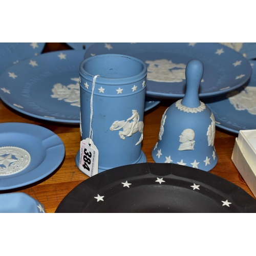 384 - A COLLECTION OF USA THEMED WEDGWOOD JASPER WARES, mainly pale blue, to include a boxed 'Eagle and St... 