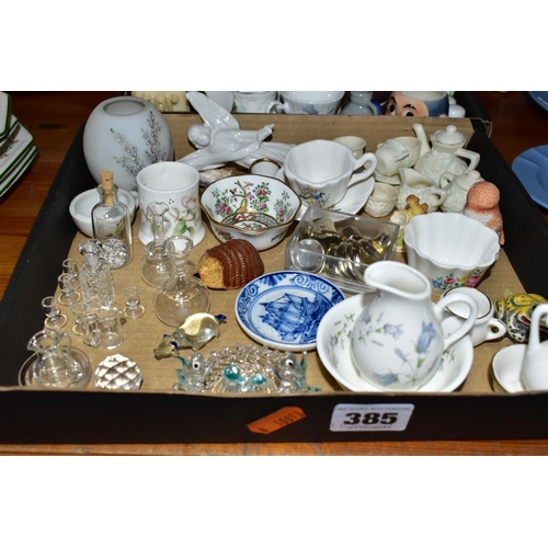 385 - TWO BOXES OF MINIATURE CERAMICS, GLASSWARES AND SUNDRIES, to include a miniature Coalport octagonal ... 