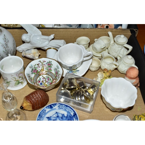 385 - TWO BOXES OF MINIATURE CERAMICS, GLASSWARES AND SUNDRIES, to include a miniature Coalport octagonal ... 