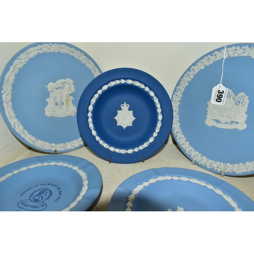 390 - SEVEN PIECES OF WEDGWOOD JASPERWARES, mainly pale blue pieces, comprising Lambing (remains of an adh... 