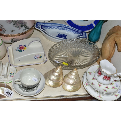 397 - A GROUP OF CERAMICS, GLASS AND SUNDRY ITEMS, to include a Poole Pottery cheese dish, preserve pot an... 