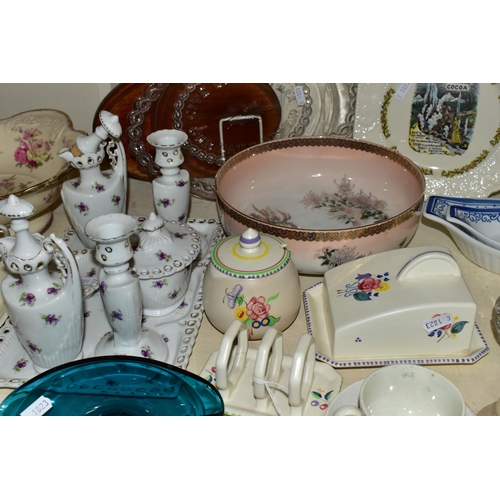 397 - A GROUP OF CERAMICS, GLASS AND SUNDRY ITEMS, to include a Poole Pottery cheese dish, preserve pot an... 