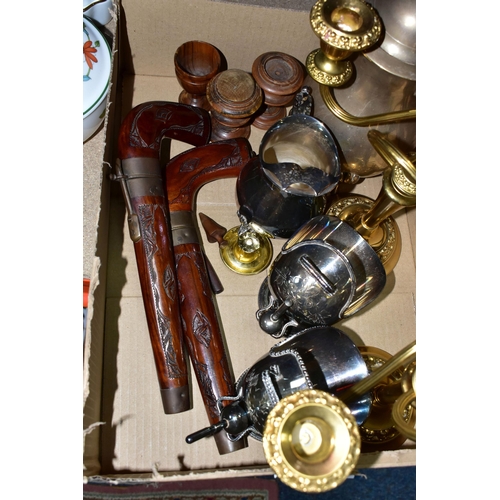 407 - THREE BOXES OF METALWARE AND FRAMED PRINTS, to include a pair of gold gilt candelabras, silver plate... 