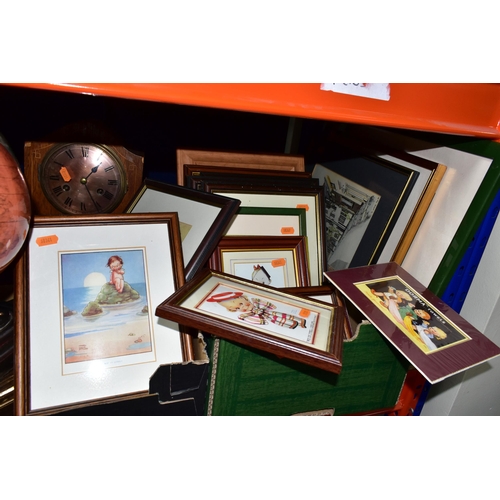 407 - THREE BOXES OF METALWARE AND FRAMED PRINTS, to include a pair of gold gilt candelabras, silver plate... 