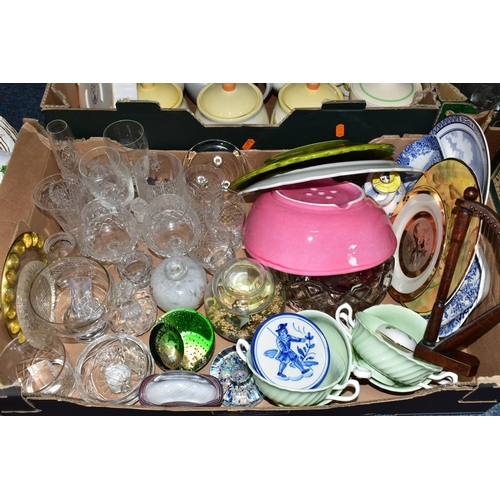 410 - FIVE BOXES OF CERAMICS AND GLASS WARES, to include a Poole Pottery Twintone teapot in peach bloom an... 