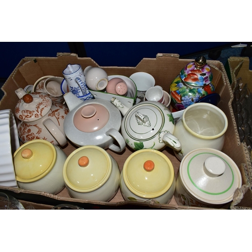 410 - FIVE BOXES OF CERAMICS AND GLASS WARES, to include a Poole Pottery Twintone teapot in peach bloom an... 