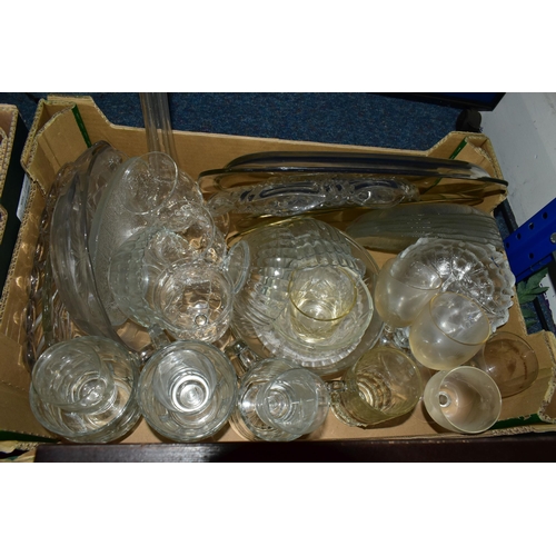 410 - FIVE BOXES OF CERAMICS AND GLASS WARES, to include a Poole Pottery Twintone teapot in peach bloom an... 