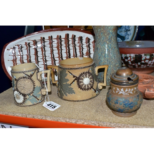 415 - A GROUP OF STUDIO POTTERY AND  DOULTON LAMBETH WARE, comprising a Doulton Lambethware Loving cup dec... 