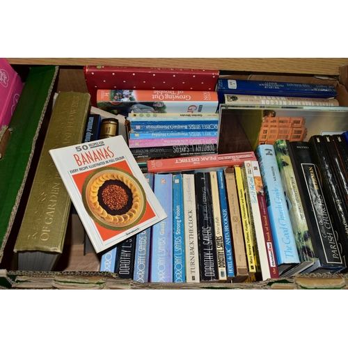 422 - FIVE BOXES OF BOOKS, over one hundred and fifty assorted  titles, hard backs and paperbacks to inclu... 