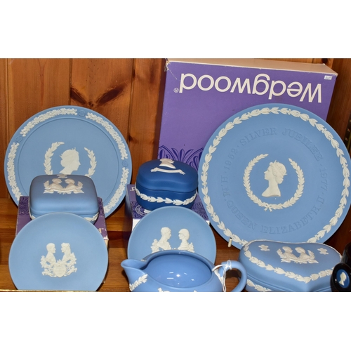 436 - A COLLECTION OF WEDGWOOD ROYAL COMMEMORATIVE JASPERWARES, mainly pale blue, to include a boxed Wedgw... 