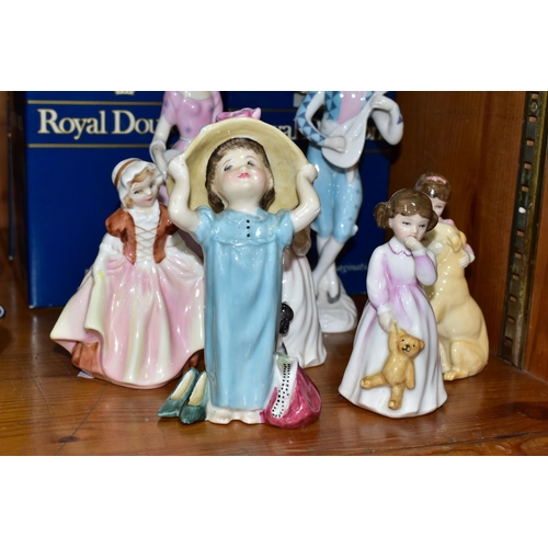 438 - SEVEN ROYAL DOULTON FIGURINES, with five boxes, comprising Columbine HN2185, Harlequin HN2186 (hairl... 