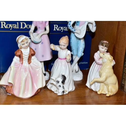 438 - SEVEN ROYAL DOULTON FIGURINES, with five boxes, comprising Columbine HN2185, Harlequin HN2186 (hairl... 