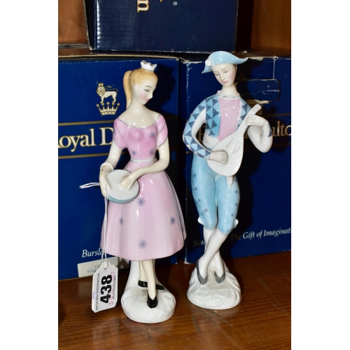 438 - SEVEN ROYAL DOULTON FIGURINES, with five boxes, comprising Columbine HN2185, Harlequin HN2186 (hairl... 