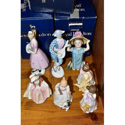 438 - SEVEN ROYAL DOULTON FIGURINES, with five boxes, comprising Columbine HN2185, Harlequin HN2186 (hairl... 