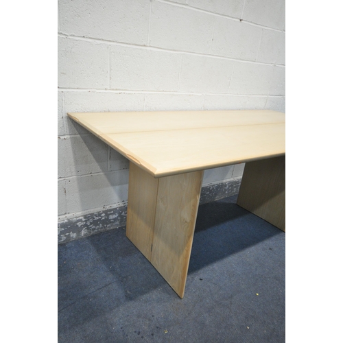 1200 - A DANISH STYLE LIGHT ASH CONSOLE SIDE TABLE, with a fold over extending top, on twin legs, length 16... 