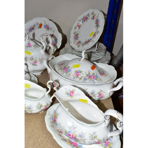 447 - A ROYAL ALBERT 'COLLEEN' PATTERN DINNER SET, comprising three covered tureens, one meat plate, one b... 