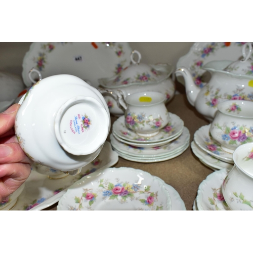 447 - A ROYAL ALBERT 'COLLEEN' PATTERN DINNER SET, comprising three covered tureens, one meat plate, one b... 