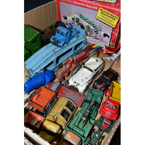 474 - A BOX OF UNBOXED AND ASSORTED PLAYWORN DIECAST VEHICLES, to include Dinky Toys Standard Vanguard, No... 