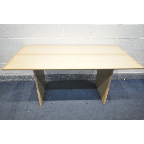 1200 - A DANISH STYLE LIGHT ASH CONSOLE SIDE TABLE, with a fold over extending top, on twin legs, length 16... 