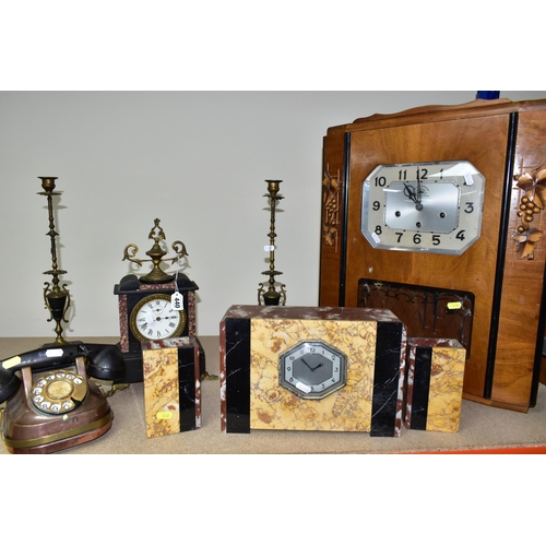 440 - A GROUP OF CLOCKS AND A VINTAGE TELEPHONE, comprising a large wooden cased Carillon Romanet Morbier ... 