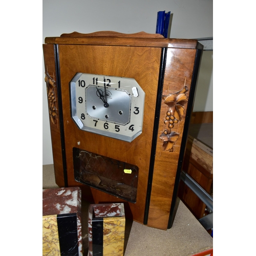 440 - A GROUP OF CLOCKS AND A VINTAGE TELEPHONE, comprising a large wooden cased Carillon Romanet Morbier ... 