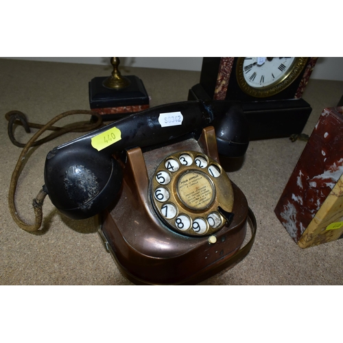 440 - A GROUP OF CLOCKS AND A VINTAGE TELEPHONE, comprising a large wooden cased Carillon Romanet Morbier ... 