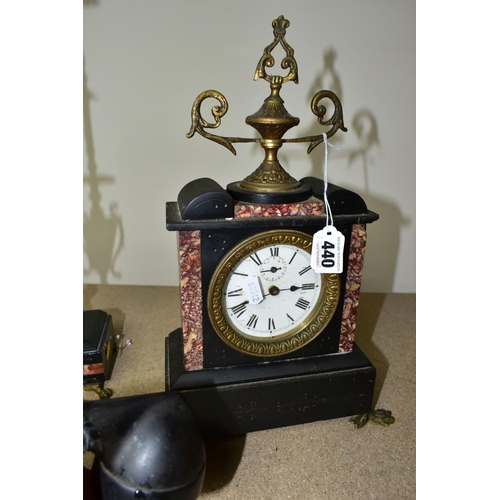 440 - A GROUP OF CLOCKS AND A VINTAGE TELEPHONE, comprising a large wooden cased Carillon Romanet Morbier ... 