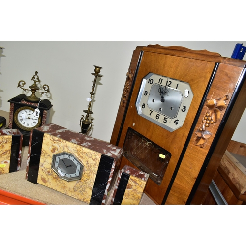 440 - A GROUP OF CLOCKS AND A VINTAGE TELEPHONE, comprising a large wooden cased Carillon Romanet Morbier ... 