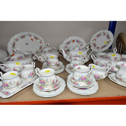 447 - A ROYAL ALBERT 'COLLEEN' PATTERN DINNER SET, comprising three covered tureens, one meat plate, one b... 