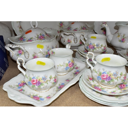 447 - A ROYAL ALBERT 'COLLEEN' PATTERN DINNER SET, comprising three covered tureens, one meat plate, one b... 