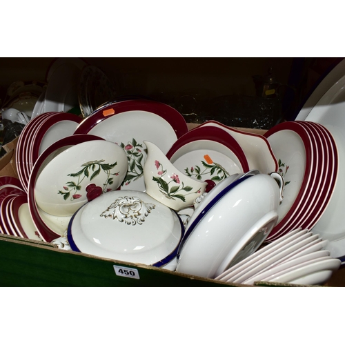 450 - THREE BOXES OF DINNER WARES AND CUT GLASS, to include Wedgwood 'Mayfield' pattern dinner set compris... 