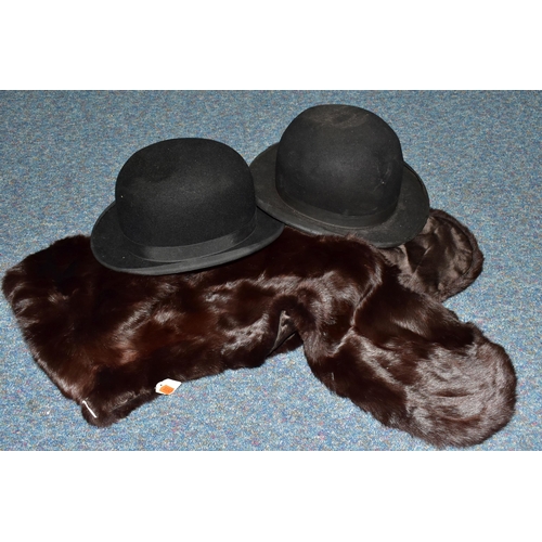 468 - CLOTHING, a short brown Fur Jacket, a brown Fur Stole and two Bowler Hats, one made by Hepworths (4)