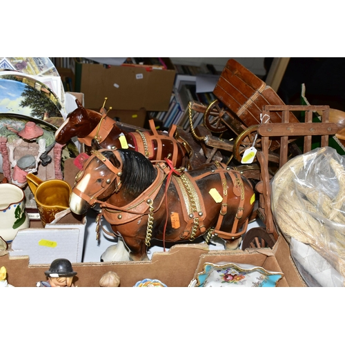 508 - THREE BOXES OF CERAMIC ORNAMENTS AND CABINET PLATES, to include two ceramic Shire horses with wooden... 