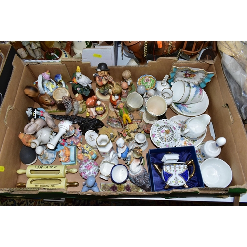 508 - THREE BOXES OF CERAMIC ORNAMENTS AND CABINET PLATES, to include two ceramic Shire horses with wooden... 