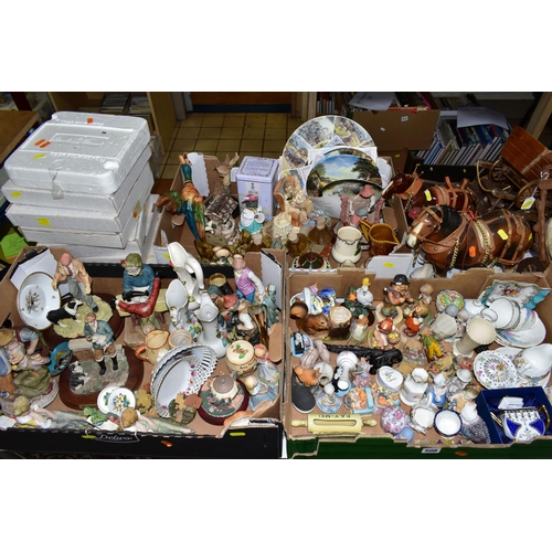 508 - THREE BOXES OF CERAMIC ORNAMENTS AND CABINET PLATES, to include two ceramic Shire horses with wooden... 