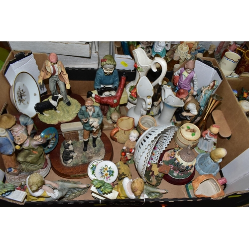 508 - THREE BOXES OF CERAMIC ORNAMENTS AND CABINET PLATES, to include two ceramic Shire horses with wooden... 