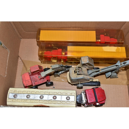 511 - EPHEMERA & DIECAST VEHICLES, two boxes one containing two Majorette model trucks and trailers, a Mat... 