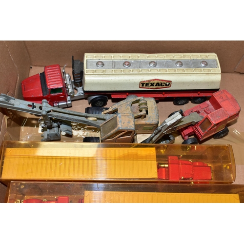 511 - EPHEMERA & DIECAST VEHICLES, two boxes one containing two Majorette model trucks and trailers, a Mat... 