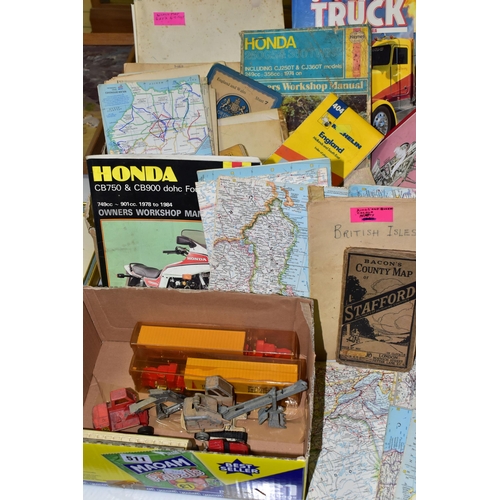 511 - EPHEMERA & DIECAST VEHICLES, two boxes one containing two Majorette model trucks and trailers, a Mat... 