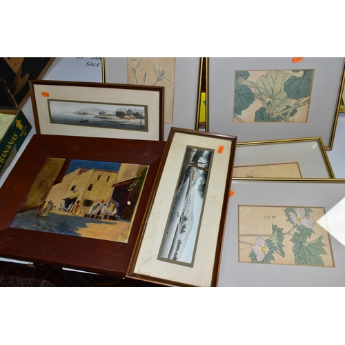 512 - NINE 20TH CENTURY PAINTINGS AND PRINTS, comprising two signed Chinese watercolors depicting river la... 