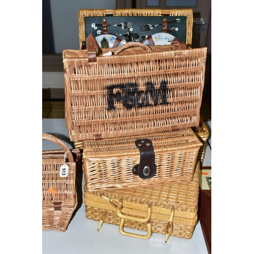 513 - SIX WICKER BASKETS, comprising a small Fortnum and Masons hamper together with a small handled F&M b... 