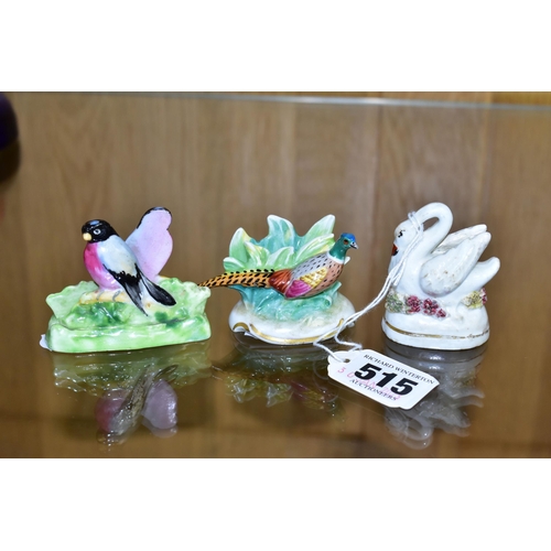 515 - THREE CERAMIC PLACE CARD HOLDERS IN THE FORM OF BIRDS, comprising a Crown Staffordshire pair of bull... 