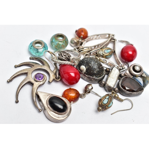 102 - AN ASSORTMENT OF WHITE METAL JEWELLERY, to include four pendants, two charms, three pairs of earring... 