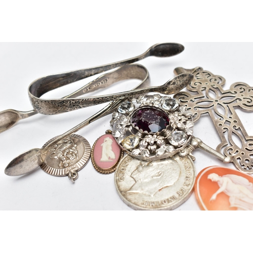 103 - AN ASSORTMENT SILVER AND WHITE METAL, to include sugar tongs, hallmarked 'Levi & Salaman' Birmingham... 