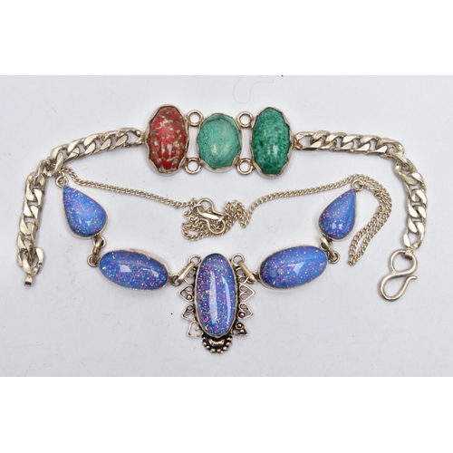 105 - A NECKLACE AND BRACELET, the necklace designed with a series of resin and glitter links, each collet... 