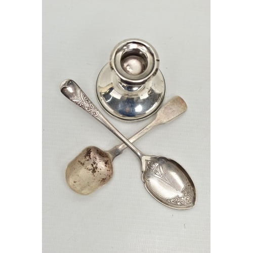 108 - A SILVER DWARF CANDLESTICK AND TWO SPOONS, the polished dwarf candlestick on a round weighted base, ... 