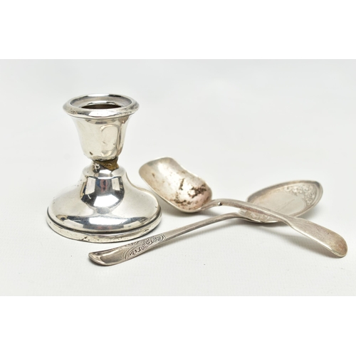 108 - A SILVER DWARF CANDLESTICK AND TWO SPOONS, the polished dwarf candlestick on a round weighted base, ... 