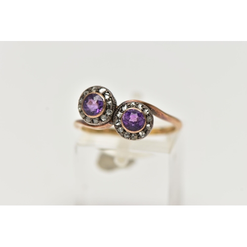 66 - A 19TH CENTURY TOI ET MOI RING, two circular cut amethyst stones, set with a surround of rose cut di... 